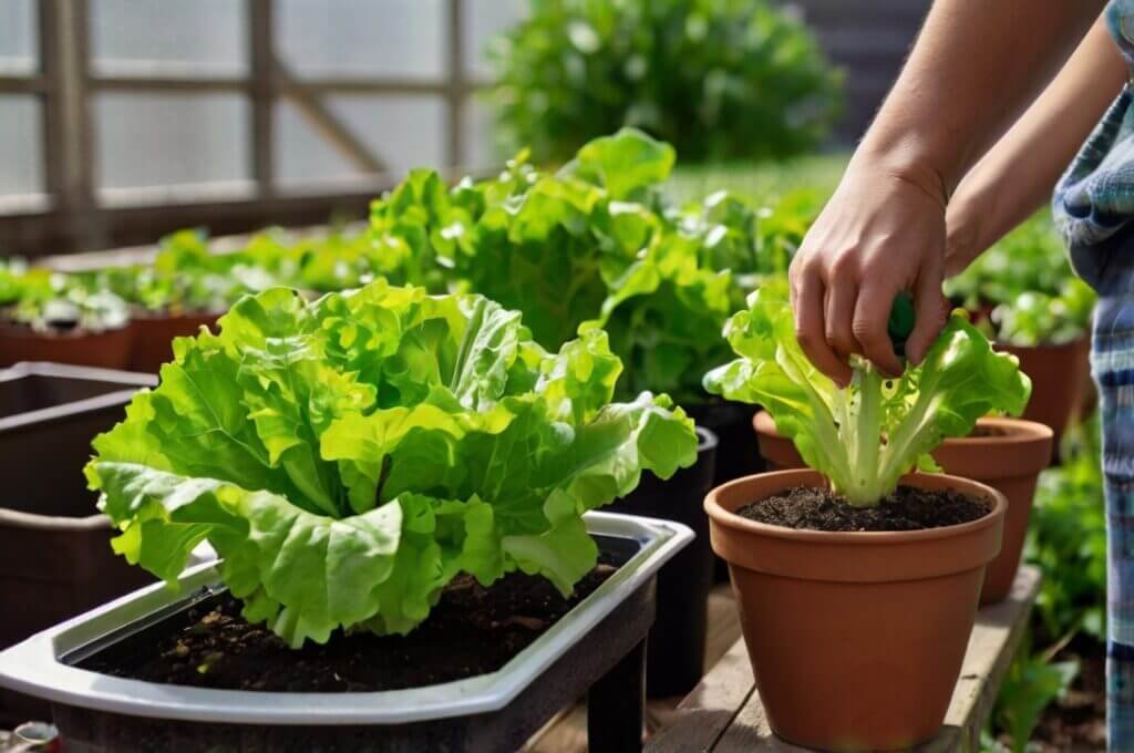 watering-lettuce-in-pots