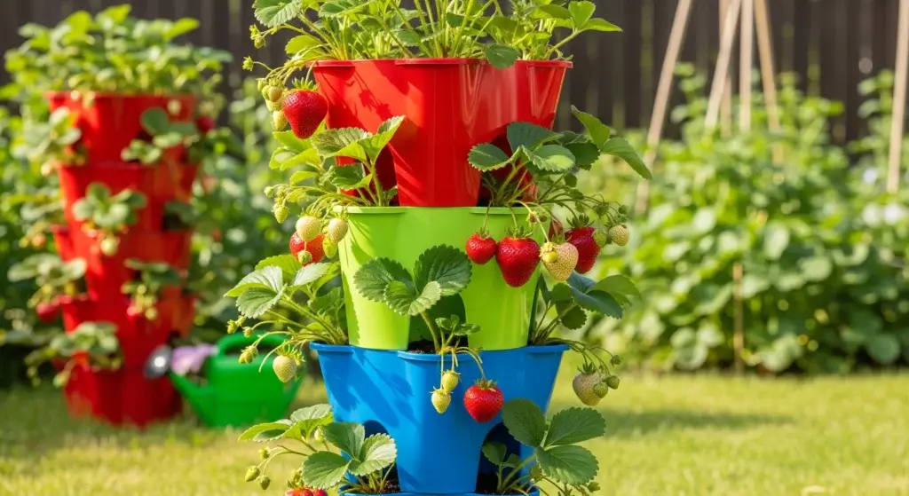 DIY Strawberry Tower from Buckets